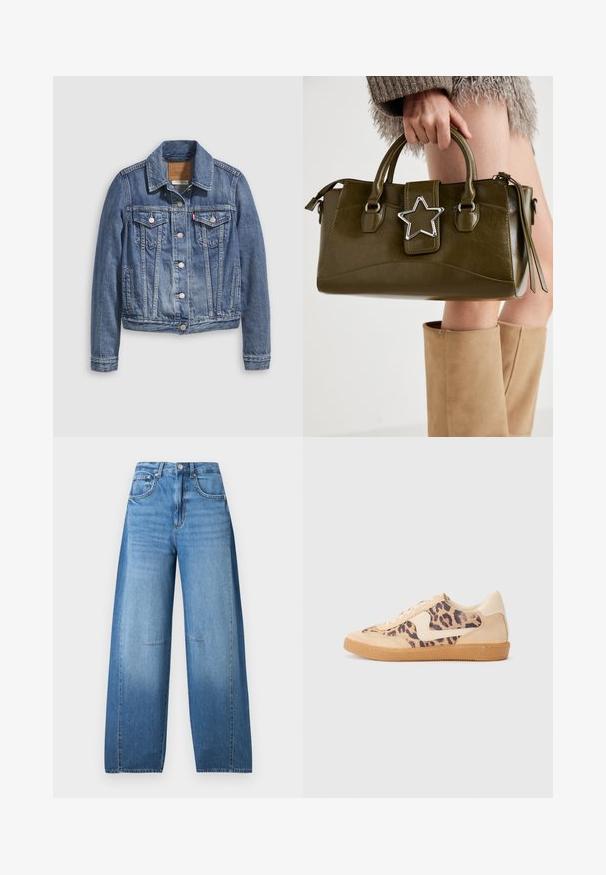 Jaqueta de ganga azul média com gola clássica, fecho frontal com botões, dois bolsos no peito e ferragens em tom dourado. Detalhe de textura desgastada.; Top branco sem alças com detalhes em babados, textura franzida e cintura elástica. Feito de tecido de algodão macio.; Jeans de cintura alta e pernas largas em denim azul claro com efeito desbotado, apresentando um fecho de botão, cinco bolsos e detalhes de costura.; Sapatilhas com padrão de leopardo, parte superior em camurça bege, sola de borracha castanha e detalhes brancos. Bico redondo e design com atacadores, com um acabamento texturizado.; Bolsa de mão em pele sintética verde oliva com detalhe de estrela prateada, alças duplas e fecho com zip. Superfície texturizada e forma estruturada.