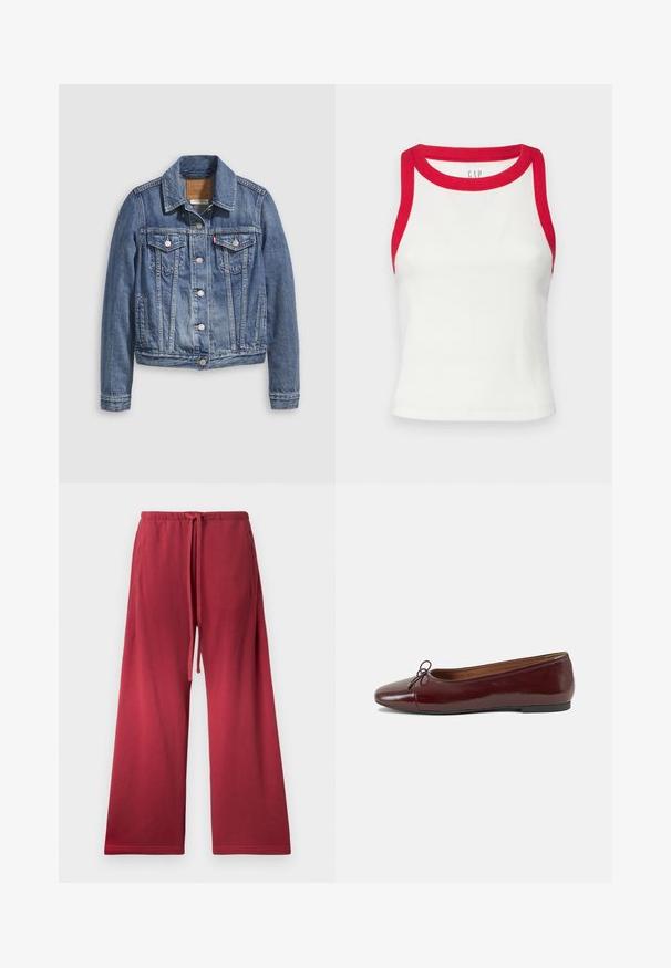 Keskitummansininen farkkutakki, jossa on klassinen kaulus, napillinen etuosa, kaksi rintataskua ja kullanväriset metalliosat. Kulutuspintainen yksityiskohta.; Valkoinen ribattu hihaton paita punaisilla yksityiskohdilla kaula-aukossa ja kädenteissä. Ominaisuuksina muotoiltu malli ja suora helma. Teksturoitu kangas. Brändin logo näkyvissä.; Punat leveät housut, jotka on valmistettu pehmeästä kankaasta ja joissa on joustava vyötärönyöri, sekä sivutaskut käytännöllisyyden vuoksi.; Burgundin värinen lakattu nahkainen ballerinatossu pyöreällä varvaskärjellä, pienen nauhan yksityiskohdalla edessä ja matalalla mustalla kumipohjalla. Sujuva pinta.