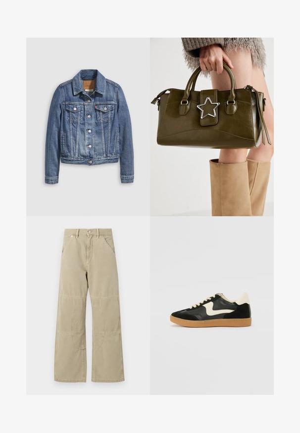 Keskitummansininen farkkutakki, jossa on klassinen kaulus, napillinen etuosa, kaksi rintataskua ja kullanväriset metalliosat. Kulutuspintainen yksityiskohta.; Lyhyt toppi off-white neulemateriaalista. Pitkät hihat, joissa on ribbitekstuuri ja pieniä leikkuukohtia kauluksessa.; Beige suorat lahkeet, joissa on vahvistetut polvipaikat, etu- ja takataskut, vyölenkit ja nappikiinnitys vyötäröllä.; Mustat mokka- ja nahkakengät, joissa on kermaisen valkoinen sivupainatus ja vaalea kermaisine kantapää. Varustettu beigeillä nauhoilla ja kumista valmistetulla ulkopohjalla.; Vihreä oliivinvärinen mokkanahkainen käsilaukku, jossa on hopeinen tähti koristeena, kaksinkertaiset kahvat ja vetoketjusulku. Teksturoitu pinta ja rakenteellinen muoto.