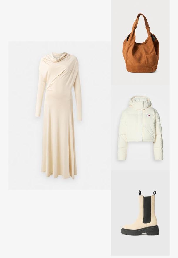 Casaco puffer curto e creme com colarinho alto e capuz com fecho. Apresenta um logótipo em forma de retângulo no peito e seções acolchoadas.; Vestido de manga longa, bege, feito de tecido suave e drapeado. Apresenta um decote drapeado e uma silhueta fluida que se estende até ao chão.; Bota de tornozelo bege com painel lateral elástico preto e sola de borracha, apresentando um logótipo da marca em destaque no calcanhar. Design simples e moderno.; Bolsa de ombro em camurça castanha com uma textura suave, forma curva e duas alças. Apresenta um design minimalista, sem hardware ou detalhes visíveis.