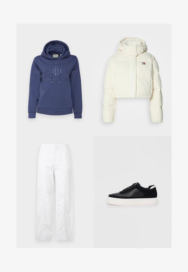 Rövidített, krém színű puffertakaró dzseki magas gallérral és cipzáras kapucnival. Az elején egy téglalap alakú logófolt található, valamint steppeléses részek.; GANT TONAL SHIELD HOODIE - Kapucnis pulóver - dusty navy; Fehér, széles szárú nadrág könnyű anyagból, sima textúrával, letisztult vonalakkal és magasderék kialakítással.; Fekete sportcipő sima bőrből és velúr panelekkel, lapos fűzőkkel, kerek orral és fehér gumi talppal. Megkülönböztető logó a sarkán.