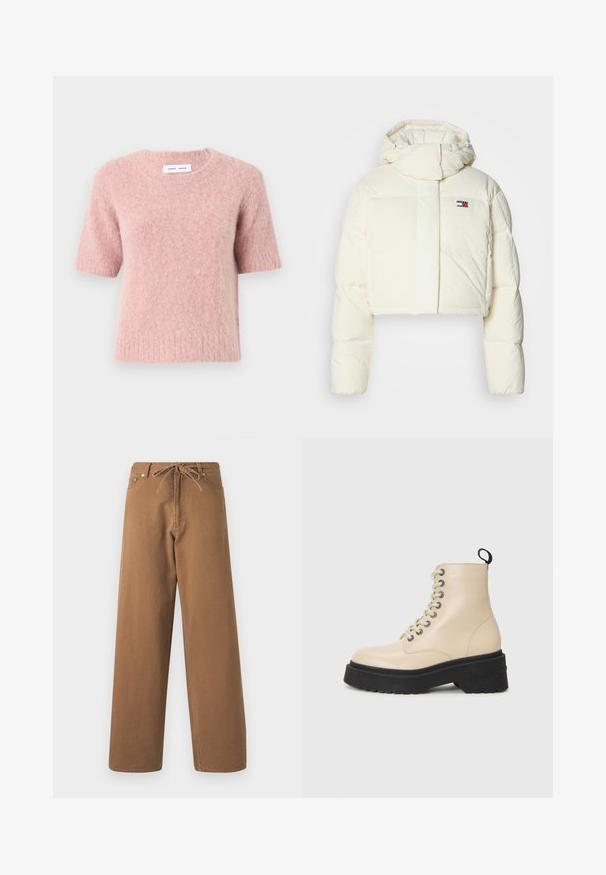 Rövidített, krém színű puffertakaró dzseki magas gallérral és cipzáras kapucnival. Az elején egy téglalap alakú logófolt található, valamint steppeléses részek.; Samsøe Samsøe JEANNE - Pulóver - woodrose; Barna, bő szárú nadrág, pamutból készült, combrészes derékkal és két elülső zsebbel. Texturált anyag, sima felülettel.; Beige bokacsizmák vastag fekete talppal és fémlyukakkal ellátott fűzéssel, hátul húzófüllel és oldalt logóval.
