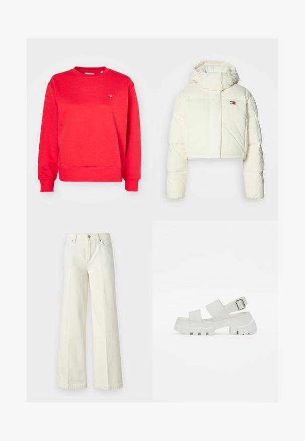 Chaqueta acolchada corta color crema con cuello alto y capucha con cremallera. Presenta un parche rectangular con logo en el pecho y secciones acanaladas.; Sudadera de algodón roja con cuello redondo, mangas largas, puños y dobladillo acanalados, y un pequeño logo en el pecho.; Jeans blancos de pierna ancha hechos de una mezcla de algodón. Cuentan con una cremallera en la bragueta, diseño de cinco bolsillos y costuras a lo largo de las costuras.; Sandalias blancas con suela gruesa, que presentan dos correas anchas y un detalle de hebilla en la correa del tobillo. Textura suave, diseño minimalista.