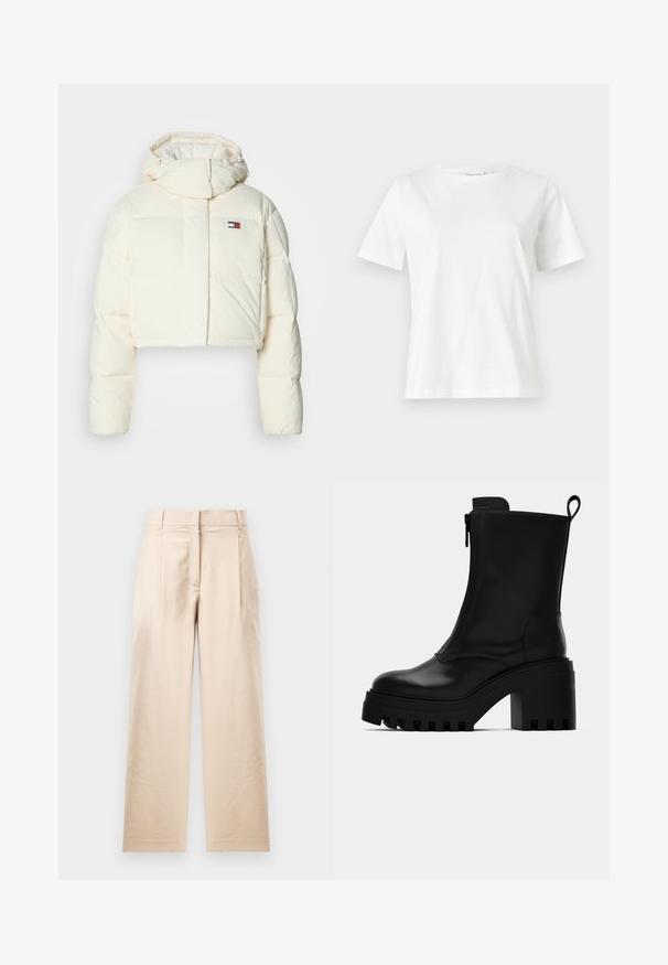 Kuttet kremfarget puffjakke med høy krage og glidelåshette. Har et rektangulært lappelogo på brystet og quiltede seksjoner.; Hvit bomull t-skjorte med korte ermer, rund hals og avslappet passform. Glatt tekstur, ingen mønstre eller detaljer, minimalistisk design.; Beige bukser laget av glatt stoff. Har en rett kutt, flat front og to folder. Ingen synlige mønstre eller beslag.; Sorte lær ankelsko med kraftig såle, blokkhæl, sidelukking med glidelås og trekketap bak på ensfarget hvit bakgrunn.