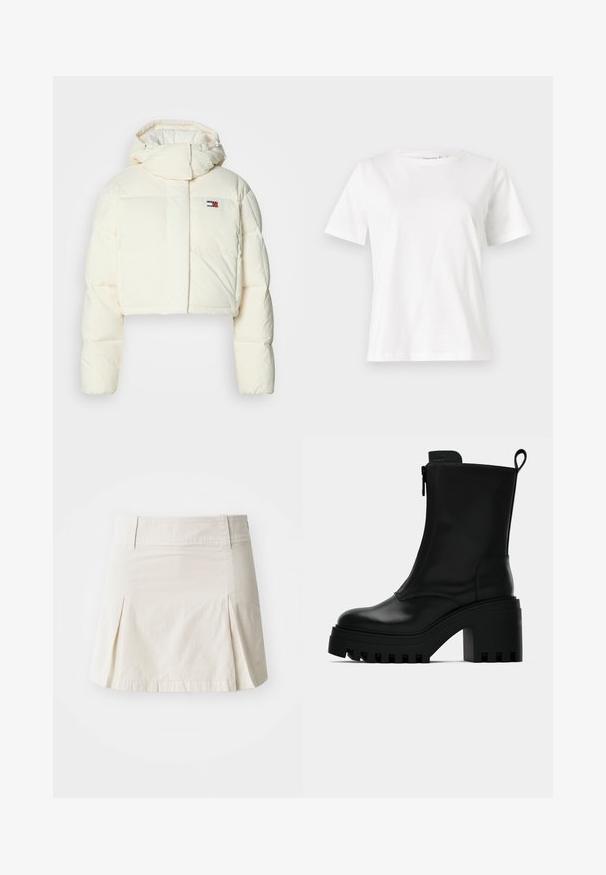 Kuttet kremfarget puffjakke med høy krage og glidelåshette. Har et rektangulært lappelogo på brystet og quiltede seksjoner.; Hvit bomull t-skjorte med korte ermer, rund hals og avslappet passform. Glatt tekstur, ingen mønstre eller detaljer, minimalistisk design.; Lys beige bomullskjørt med fitted midje, plisserte detaljer og rett søm, med en glatt tekstur og uten synlig maskinvare.; Sorte lær ankelsko med kraftig såle, blokkhæl, sidelukking med glidelås og trekketap bak på ensfarget hvit bakgrunn.