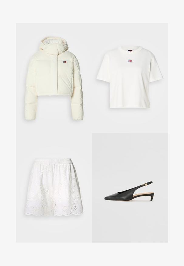 Jachetă puffer crem scurtă, cu guler înalt și glugă cu fermoar. Prezintă un logo sub formă de patch rectangular pe piept și secțiuni matlasate.; Tricou alb din bumbac cu guler rotund și mâneci scurte. Prezentă o mică etichetă logo colorată cu accente roșii, albastre și albe pe piept.; Cras Pantaloni scurți - white; Cizme din piele neagră cu toc slingback, cu vârf ascuțit, toc jos și curea reglabilă pentru glezna, dotată cu un cataramă de ton auriu. Textură netedă.