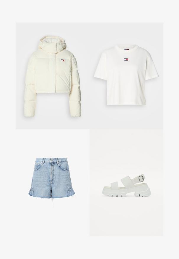 Trumpas, kreminės spalvos pūkų striukė su aukštu apykakle ir užtrauktuku. Yra stačiakampė logotipo etikete ant krūtinės ir siuvinėtos dalys.; Balta medvilnės marškinėliai su apvaliu iškirpimu ir trumpomis rankovėmis. Ant krūtinės yra mažas spalvotas logotipo lipdukas su raudonais, mėlynais ir baltais akcentais.; Šviesiai mėlyni džinsiniai šortai su nepjaustytu kraštu, turintys šonines raukšles, priekinę kišenę ir mygtuką su užtrauktuku.; Baltos šlepetės su storu padu, turinčios dvi plačias dirželes ir sagtį kulkšnies dirželyje. Lygus paviršius, minimalistinis dizainas.