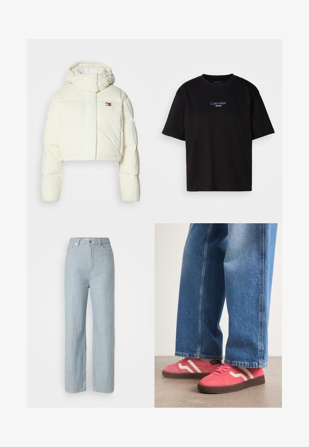 Cropped, cream puffer jacket with a high collar and zipper hood. Features a rectangular patch logo on the chest and quilted sections.; Black cotton t-shirt with a round neck, short sleeves, and blue embroidered "Calvin Klein JEANS" logo on the front.; Light blue straight-leg jeans made of denim. Features five pockets, a metal button closure, and subtle whiskering for texture.; Pink suede sneakers with white wavy stripes and brown rubber soles, paired with light blue wide-leg denim jeans.