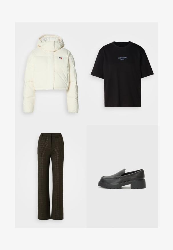 Kort, crèmekleurig pufferjack met een hoge kraag en een ritskap. Bevat een rechthoekige patch-logo op de borst en geborduurde secties.; Zwart katoenen T-shirt met ronde hals, korte mouwen en blauw geborduurd "Calvin Klein JEANS" logo op de voorkant.; Brede broekspijpen in donkerbruin met een gestructureerd patroon van kleine uitsparingen. Kenmerken zijn een aansluitende taille en een naadloos ontwerp voor een elegante uitstraling.; Zwarte leren instappers met een ronde neus, dikke getextureerde zool en minimale stikseldetails. Strak ontwerp zonder zichtbare veters of hardware.