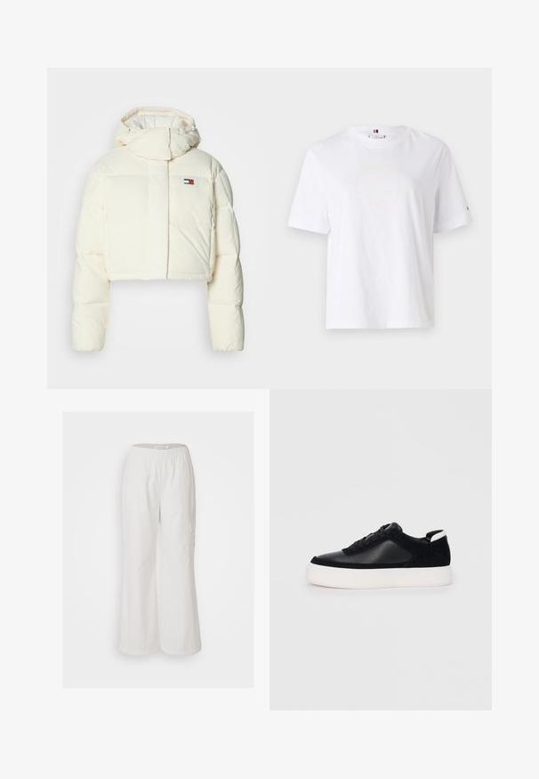 Krótkie, kremowe puchowe kurtki z wysokim kołnierzem i kapturem na zamek. Posiada prostokątną naszywkę z logo na klatce piersiowej oraz pikowane sekcje.; Biała bawełniana koszulka z okrągłym dekoltem, krótkimi rękawami i subtelnym żółtym logo z napisem "HILFIGER NEW YORK 1985". Standardowy krój.; Białe spodnie szerokie, wykonane z lekkiego materiału. Posiadają elastyczny pas i boczną kieszeń, o gładkiej fakturze. Casulowy styl.; Czarne sneakersy z gładkiej skóry i zamszowymi panelami, płaskimi sznurowadłami, zaokrąglonym noskiem i białą gumową podeszwą. Wyraźne logo na pięcie.