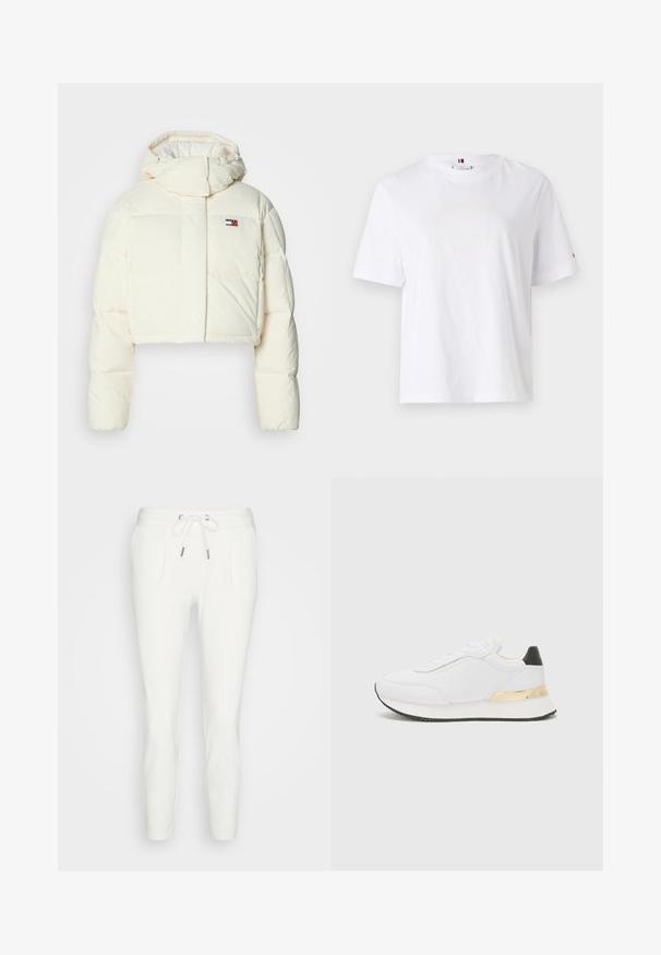 Trumpas, kreminės spalvos pūkų striukė su aukštu apykakle ir užtrauktuku. Yra stačiakampė logotipo etikete ant krūtinės ir siuvinėtos dalys.; Balta medvilninė marškinė su apvalia kaklo išpjova, trumpomis rankovėmis ir subtiliu geltonu logotipu, kuris sako "HILFIGER NEW YORK 1985." Standartinio kirpimo.; Balti sportiniai šortai, pagaminti iš minkštos medžiagos, su juosmeniu su raišteliu, dviem šoninėmis kišenėmis ir siaurėjančiu siluetu, be matomų raštų ar akcentų.; Balti sportbačiai su lygiu paviršiumi, su juodu kulno akcentu ir auksiniu metaliniu detaliu ant tarpiklio. Laidiška konstrukcija, guminis padas.