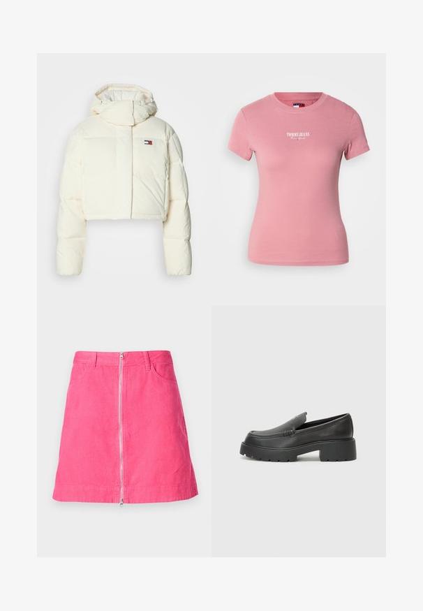 Rövidített, krém színű puffertakaró dzseki magas gallérral és cipzáras kapucnival. Az elején egy téglalap alakú logófolt található, valamint steppeléses részek.; Rózsaszín pamut rövid ujjú póló, kerek nyakkivágással és fehér "TOMMY JEANS New York" felirattal a mell felett. Sima textúra.; Rózsaszín bordás szoknya elülső cipzárral, két zsebbel és finom bordás textúrával. Befejezett élek és testhezálló fazon.; Fekete bőr loafer cipők kerek orral, vastag, texturált talppal és minimális varrási részletekkel. Áramvonalas dizájn, látható fűzők vagy fém részek nélkül.