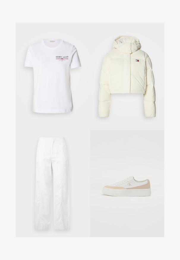 Skrajšani, kremni puhovka s visokim ovratnikom in kapuco na zadrgo. Ima pravokotno oznako na prsih in prešite dele.; Bela bombažna majica s krojenim izrezom, kratkimi rokavi in sprednjim logotipom, ki vsebuje "GANT 1949" v mornarsko modri in rdeči barvi, s horizontalnimi črtami.; Bela široka hlače iz lahkega materiala, ki se ponašajo z gladko teksturo, čistimi linijami in visokim pasom.; Bela športna obutev z svetlo bež detajli, platneno zgornjišče, ravno belo podplat, okrogla konica in vezen logotip ob strani.