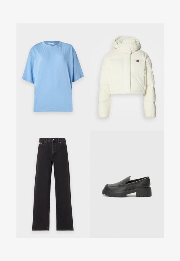 Kratota, krēmkrāsas pūkaina jaka ar augstu apkakli un rāvējslēdzi uz kapuces. Iespējo taisnstūra formas logo uz krūts un kviltētas daļas.; Gaiši zila, pārāk liela T-kreklu ar mīkstu kokvilnu. Iezīmē īsas piedurknes, apaļu kaklu un brīvu piegriezumu ar gludu tekstūru.; Melni platmalu džinsi, kas izgatavoti no denima, ar augstu vidukli, piecu kabatu dizainu un metāla pogas aizdari ar kontrastējošu šuvumu.; Melnas ādas mokasīni ar noapaļotu purngalu, biezs teksturēts zoles un minimālas dūriena detaļas. Gluds dizains bez redzamām auklām vai metāla elementiem.