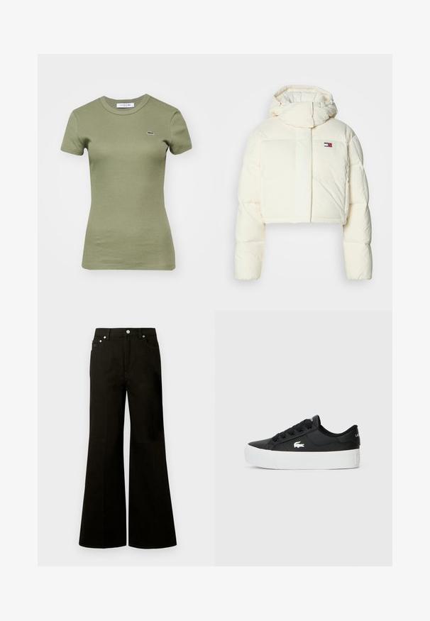 Trumpas, kreminės spalvos pūkų striukė su aukštu apykakle ir užtrauktuku. Yra stačiakampė logotipo etikete ant krūtinės ir siuvinėtos dalys.; Alyvuogių žalios spalvos vienspalvė medvilninė marškinėliai su trumpomis rankovėmis ir apvaliu iškirpimu, kuriuose dešinėje krūtinės pusėje yra mažas išsiuvinėtas krokodilo logotipas.; Juodos spalvos džinsai plačiomis kojų apačiomis, aukštu liemeniu, su priekiniais mygtukais ir užtrauktuku, diržo kilpomis bei penkiomis kišenėmis, įskaitant mažą monetų kišenėlę.; Juodos žemos sportbačiai, pagaminti iš sintetinio medžiagos, su balta guma padu, juodais raišteliais ir mažu baltu logotipu šone.