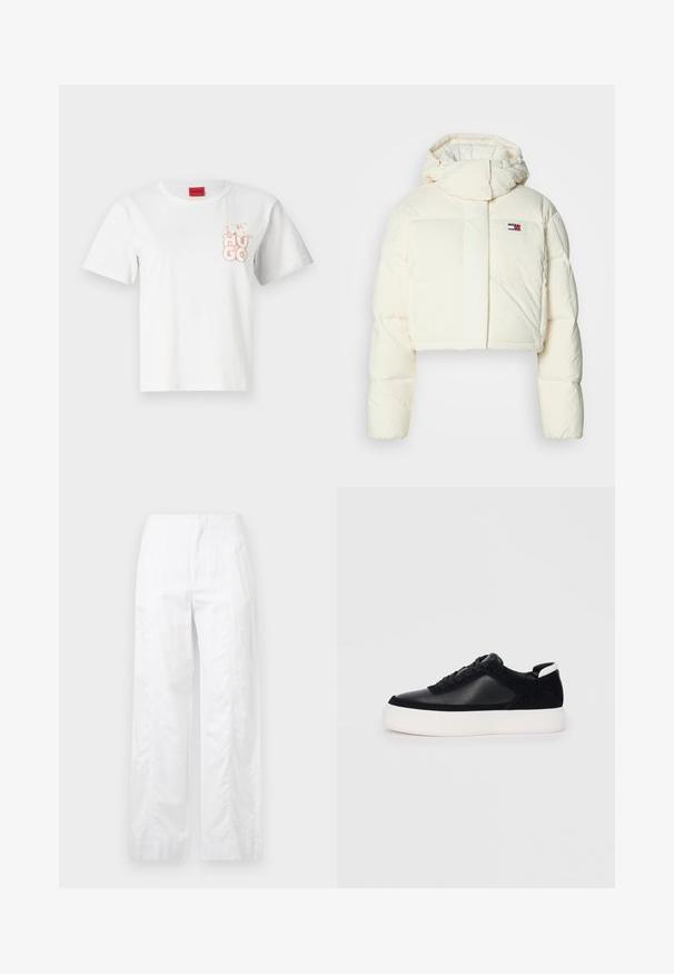 Veste courte en duvet crème avec un col haut et une capuche zippée. Présente un logo en patch rectangulaire sur la poitrine et des sections matelassées.; T-shirt en coton blanc à manches courtes, col rond, avec un logo "HUGO" rose clair imprimé sur la poitrine gauche. Étiquette rouge au niveau du cou.; Pantalons larges blancs en tissu léger, présentant une texture lisse, des lignes épurées et une taille haute.; Sneaker noir avec des panneaux en cuir lisse et en daim, lacets plats, bout rond et semelle en caoutchouc blanche. Logo distinct au niveau du talon.