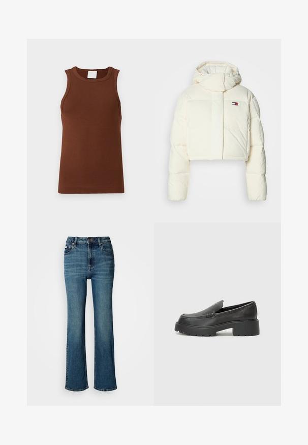 Cropped, cream puffer jacket with a high collar and zipper hood. Features a rectangular patch logo on the chest and quilted sections.; Brown ribbed sleeveless top with a round neckline. Made of stretchy fabric, it features a close-fitting design and a plain texture.; High-waisted blue jeans made of denim, featuring a straight leg design, subtle fading, and a standard button and zipper closure.; Black leather loafers with a rounded toe, thick textured sole, and minimal stitching details. Sleek design with no visible laces or hardware.