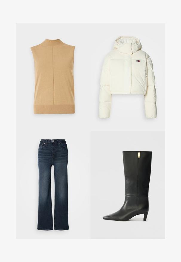 Kuttet kremfarget puffjakke med høy krage og glidelåshette. Har et rektangulært lappelogo på brystet og quiltede seksjoner.; Ermeløs topp med høy hals i myk beige strikket materiale, med ribbestrikket kant og en midt-søm for ekstra detaljer.; Mørkeblå vide jeans laget av denim. Høy midje-design med frontlukking med knapp og sidelommer. Jevn tekstur og klassisk snitt.; Sorte lærknæhøje støvler med spids tå og en lille hæl. Har et strømlinet design med en gylden accentdetalje. Glat tekstur.
