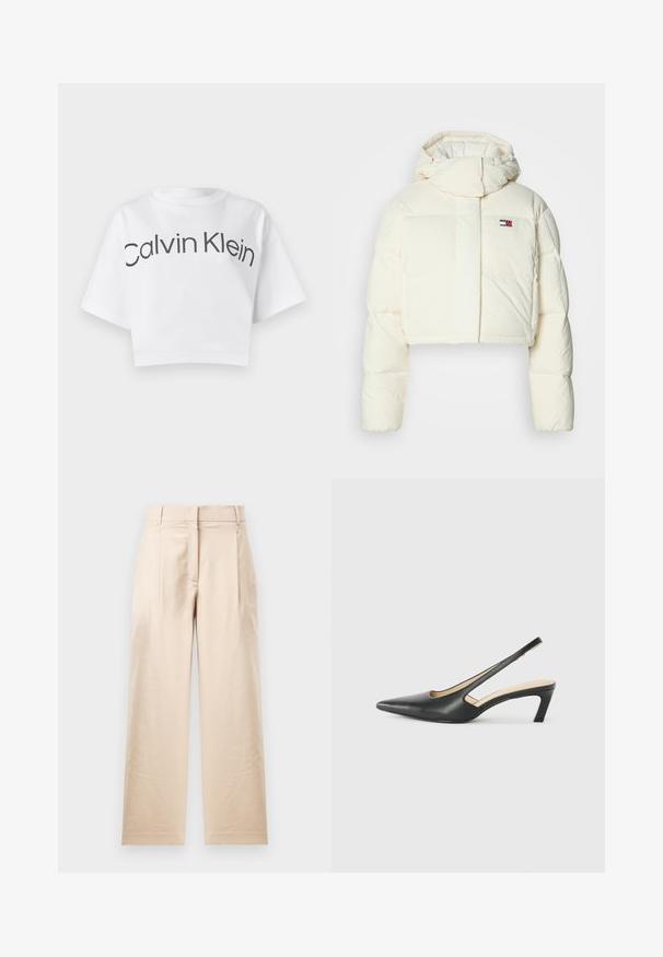 Kuttet kremfarget puffjakke med høy krage og glidelåshette. Har et rektangulært lappelogo på brystet og quiltede seksjoner.; Hvit cropped t-skjorte laget av bomull, med rund hals og korte ermer. "Calvin Klein" er trykket i fete svarte bokstaver over fronten.; Beige bukser laget av glatt stoff. Har en rett kutt, flat front og to folder. Ingen synlige mønstre eller beslag.; Svart spiss tå slingback-sko med lav hæl, laget av jevnt skinnmateriale og med utskåret design på siden for pusteevne.