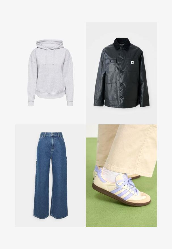 Černá kožená bunda s kordovou límcem, čtyřmi předními kapsami a zaoblenými knoflíky. Hladká textura s minimalistickým designem.; Šedá mikina s kapucí, volného střihu, se stahovacími šňůrkami, žebrovanými rukávy a přední kapsou. Vyrobena z měkké, texturované tkaniny.; Široké modré džíny s vysokým pasem, kontrastním šitím a postranními kapsami, které mají klasický design s pěti kapsami a rozstřižené lemy.; Krémové a levandulové tenisky se třemi pruhy a texturovanou hnědou podrážkou, vybavené tkaničkami a polstrovanou patou. Měkký textilní svršek.