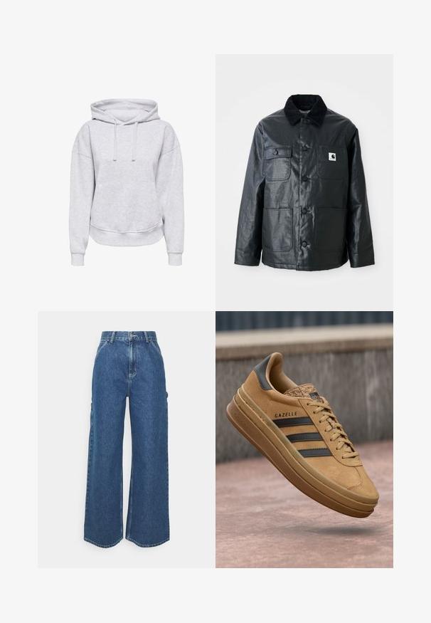 Svart skinnjakke med kordfløyelskrage, fire frontlommer og runde knapper. Glatt tekstur med minimalistisk design.; Grå hettegenser med avslappet passform, snøring, ribbestrikkede mansjetter og en frontlomme. Laget av mykt, strukturert stoff.; Videbeinete blå denimbukser med høy midje, kontraststing, og sidelommer, med et klassisk fem-lommers design og rå kanter.; Tan ruskinn sneakers med en glatt tekstur, med tre mørke striper, en rund tå, og en tykkere såle med et mønstrete kant.