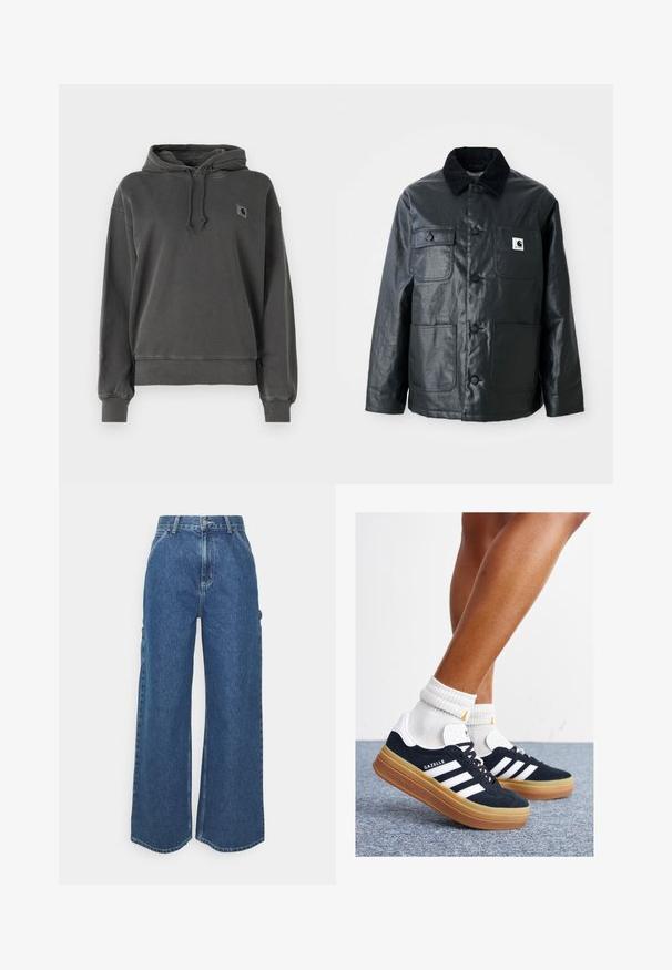 Jaqueta de couro preta com um colarinho de veludo cotelê, quatro bolsos frontais e botões arredondados. Textura suave com um design minimalista.; Carhartt WIP HOODED NELSON - Camisola - graphite; Calças de ganga azuis de perna larga com cintura alta, costuras em contraste e bolsos laterais, apresentando um design clássico de cinco bolsos e bainhas desfiadas.; Ténis de camurça preta com riscas e detalhes brancos, biqueira arredondada, sola em borracha cor de goma, combinados com meias brancas caneladas até à altura do tornozelo.