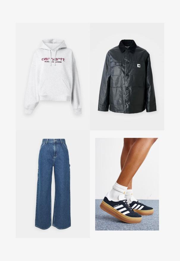 Svart läderjacka med ett kordflöjelfodrat krage, fyra framfickor och rundade knappar. Slät textur med en minimalistisk design.; Grå hoodie i fleece, med kengurufickor, dragsko på huva och rosa broderad "Carhartt"-logga med texten "WORK IN PROGRESS."; Breda ljusblå denimbyxor med hög midja, kontrasterande sömmar och sidofickor, som har en klassisk femficksdesign och råa kanter.; Svarta sneakers i mocka med vita ränder och detaljer, rundad tå, yttersula i gummiblandning, kombinerade med vita ribbade crew-strumpor.