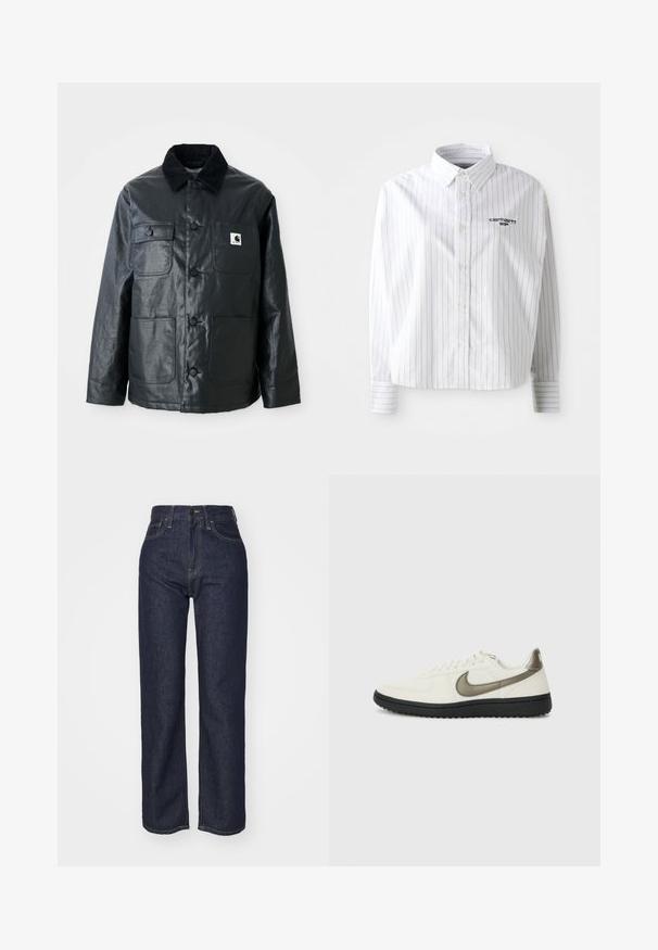 Black leather jacket featuring a corduroy collar, four front pockets, and rounded buttons. Smooth texture with a minimalist design.; White long-sleeve shirt with vertical gray stripes, button-down collar, and left chest logo. Soft fabric with a relaxed fit.; Dark blue denim high-waisted jeans with a straight leg design, visible stitching, five pockets, and a front button-fly closure.; Nike Sportswear FIELD GENERAL - Trainers - off-white/black