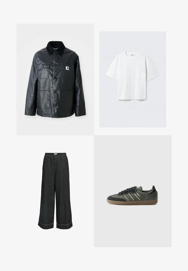 Chaqueta de cuero negra con un cuello de pana, cuatro bolsillos frontales y botones redondeados. Textura suave con un diseño minimalista.; Camiseta blanca de manga corta en suave tejido de algodón, con cuello redondo y corte relajado con dobladillo recto, lisa sin patrones ni gráficos.; Pantalones de pierna ancha a rayas en blanco y negro con cierre de botón, que presentan un ajuste relajado y costuras en contraste a lo largo del dobladillo.; adidas Originals SAMBA OG - Zapatillas - core black/legend earth/gum