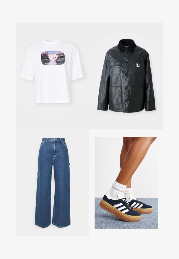 Musthave nahkjakki, millel on puuvillane krae, neli esipaneeli taskut ja ümarad nupud. Sile tekstuur ning minimalistlik disain.; Valge puuvillane T-särk lõdva istuvusega. Omab värvikat trükitud graafikat, mis meenutab südamet ja kaunist maastikku ruudu kujulises raamis.; Laiene jalad sinised denim püksid kõrge vöökohaga, kontrastsete õmblustega ja küljetaskutega, klassikalise viie taskuga disainiga ja toore servaga.; Mustad seemisnahast tossud valgete triipude ja detailidega, ümarate varbassosadega, kummist välistallaga, paaritatud valgete soonikuliste meessokkidega.