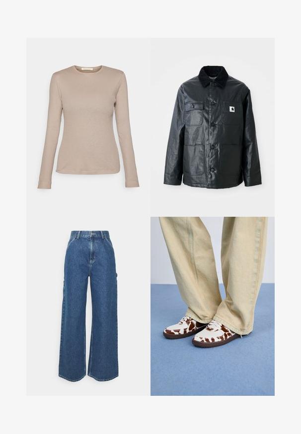 Crna kožna jakna s čekered ovratnikom, četiri prednja džepa i zaobljenim gumbima. Glatka tekstura s minimalističkim dizajnom.; Bež majica dugih rukava s rebrastom teksturom, okruglim izrezom i prilagođenim dizajnom. Ima malu oznaku od tkanine na donjem rubu i izrađena je od mekog materijala.; Široke plave traperice s visokim strukom, kontrastnim šavovima i bočnim džepovima, s klasičnim dizajnom s pet džepova i sirovim rubovima.; Bijele i smeđe patike s uzorkom, izrađene od mreže i kože, s smešnim gumenim đonovima. Uparene s lakim bež širokim hlačama.