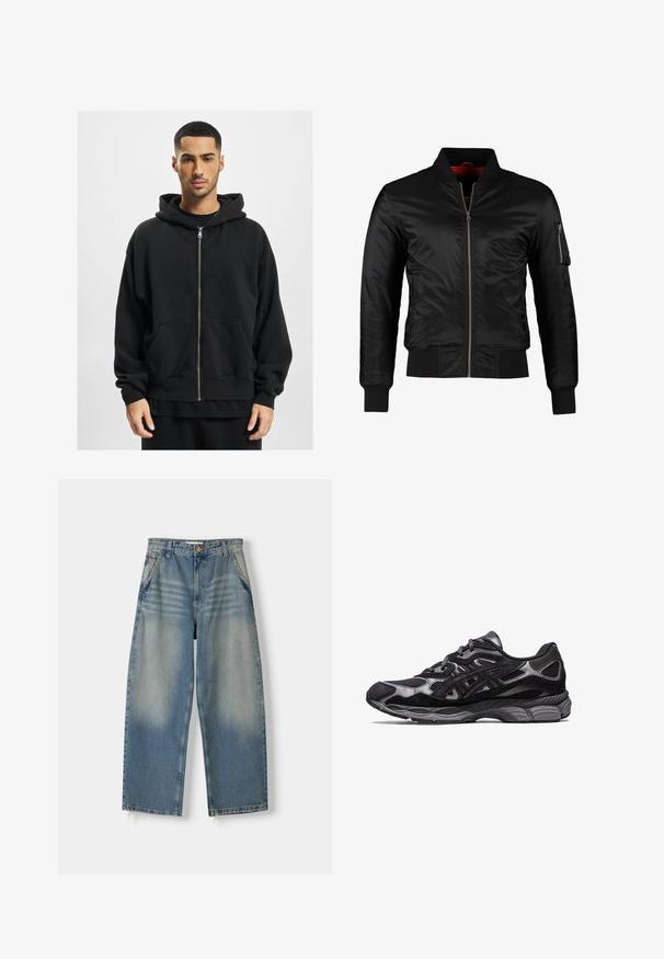 Czarna kurtka bombka wykonana z błyszczącego nylonu, z zamkiem z przodu, ściągaczami na rękawach oraz kieszenią na zamek na lewym rękawie. Wnętrze jest w jasnoczerwonym kolorze.; Czarna bluza z kapturem zapinana na zamek, wykonana z miękkiego materiału, z dużym kapturem, dwoma przednimi kieszeniami i ściągaczami przy mankietach. Luźny krój i minimalistyczny design.; Biała bawełniana koszulka z krótkimi rękawami, okrągłym dekoltem, luźnym krojem i bez widocznych logo lub wzorów. Gładka tekstura i minimalistyczny design.; Jasnoniebieskie dżinsy o szerokich nogawkach z wyblakłym wykończeniem, pięć kieszeni i surowy brzeg. Z przodu zapięcie na guzik i zamek błyskawiczny.; Czarny but sportowy z siateczkową i zamszową cholewką, wyróżniający się teksturowanym wzorem oraz solidną, amortyzującą szaro-skalą podeszwą.