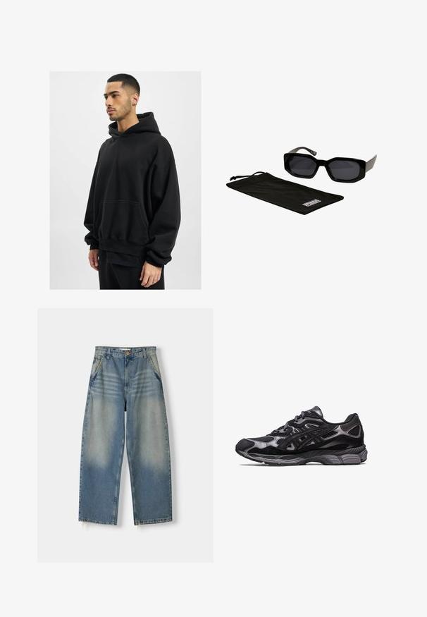 Czarna kurtka bombka wykonana z błyszczącego nylonu, z zamkiem z przodu, ściągaczami na rękawach oraz kieszenią na zamek na lewym rękawie. Wnętrze jest w jasnoczerwonym kolorze.; DEF - Bluza z kapturem; Jasnoniebieskie dżinsy o szerokich nogawkach z wyblakłym wykończeniem, pięć kieszeni i surowy brzeg. Z przodu zapięcie na guzik i zamek błyskawiczny.; Czarny but sportowy z siateczkową i zamszową cholewką, wyróżniający się teksturowanym wzorem oraz solidną, amortyzującą szaro-skalą podeszwą.; Czernie okulary przeciwsłoneczne z kanciastymi, dużymi oprawkami i ciemnymi soczewkami, w komplecie z czarnym woreczkiem z mikrofibry z logo.