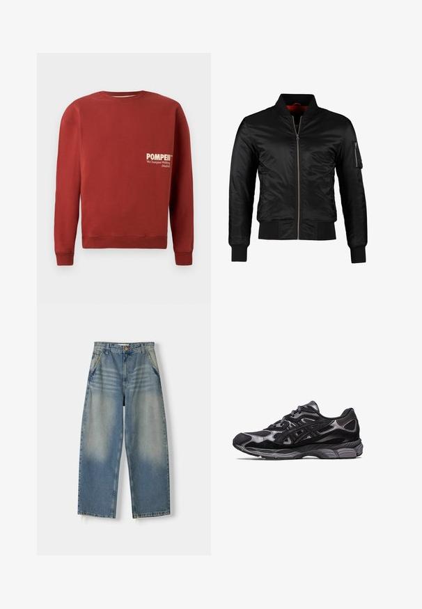 Schwarze Bomberjacke aus glänzendem Nylon mit einem Frontreißverschluss, gerippten Bündchen und einer Reißverschlusstasche am linken Ärmel. Das Innenfutter ist leuchtend rot.; Roter Pullover mit Rundhalsausschnitt, langen Ärmeln und gerippten Bündchen. Auf der Vorderseite befindet sich weißer Text: "POMPEII" und "We Champion Walking (Madrid)".; Hellblaue Denim-Jeans im weit geschnittenen Stil mit einem ausgewaschenen Finish, Fünf-Taschen-Design und rohem Saum. Mit einem Knopf- und Reißverschluss vorne.; Schwarzer Sportschuh mit einem Obermaterial aus Mesh und Wildleder, der ein strukturiertes Design und eine robuste, gepolsterte graue Sohle aufweist.