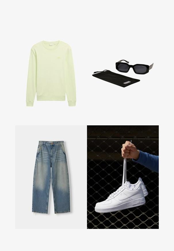 Schwarze Bomberjacke aus glänzendem Nylon mit einem Frontreißverschluss, gerippten Bündchen und einer Reißverschlusstasche am linken Ärmel. Das Innenfutter ist leuchtend rot.; Hellgrüner Hoodie mit Rundhalsausschnitt, gerippten Bündchen und einem kleinen gedruckten Logo mit dem Text "1962" auf der Vorderseite. Weicher Stoff.; Hellblaue Denim-Jeans im weit geschnittenen Stil mit einem ausgewaschenen Finish, Fünf-Taschen-Design und rohem Saum. Mit einem Knopf- und Reißverschluss vorne.; Weiße Leder-Sneaker mit Perforationen, runder Zehenpartie, flacher Sohle und dicken Schnürsenkeln, mit sichtbar eingesticktem Swoosh-Logo und "AIR" an der Ferse.; Schwarze Sonnenbrille mit eckigen, übergroßen Rahmen und dunklen Gläsern, begleitet von einem schwarzen Mikrofaserbeutel mit einem Logo.