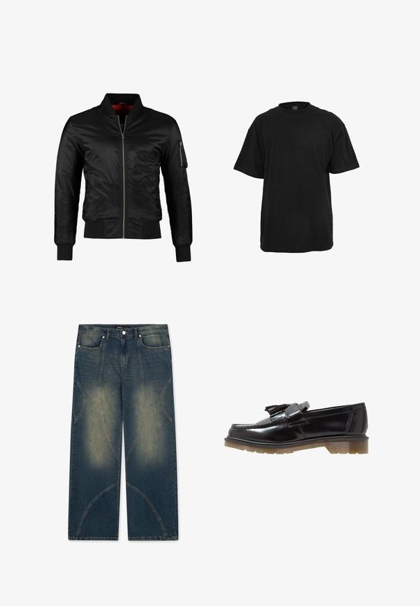 Must värviline bomber-jakk, mis on valmistatud läikivast nailonist, esiküljel lukk, ribatud mansetid ja vasakul varrukal tõmblukuga tasku. Siseosa on erkspunane.; Must musta T-särk lõdva lõikega, lühikeste varrukatega, ümmarguse kaelusega ning sile ja ühtlane tekstuur. Ilma nähtavate logode või mustriteta.; FAVELA DOUBLE LAYER - Loose fit teksad - dark blue; Musta lakkstepatsid sõlmede disainiga, pitsakujuline aktsent ja paks, tekstuuriga kummitald. Küljeperspektiiv näitab sujuvat siluetti.