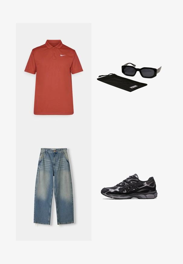 Črna bomberska jakna iz svetlečega najlona s sprednjim zadrgo, rebrastimi manšeti in zadrgo na levem rokavu. Notranjost je svetlo rdeča.; Rdeča polo majica iz gladkega blaga, s klasičnim ovratnikom in tremi gumbi, z belim logotipom Nike na levem prsnem delu.; Svijetloplavi traper široke nogavice s izblijedjelim završetkom, dizajnom s pet džepova i sirovim rubom. Ima prednje zatvaranje na dugme i patentni zatvarač.; Črne športne čevlje z zgornjim delom iz mrežaste in usnjene tkanine, ki imajo teksturiran dizajn in trden, oblazinjen sivi podplat.; Črne sončna očala z oglatimi, prenagljenimi okviri in temnimi lečami, vključno s črnim mikrovlakenim etuijem z logotipom.