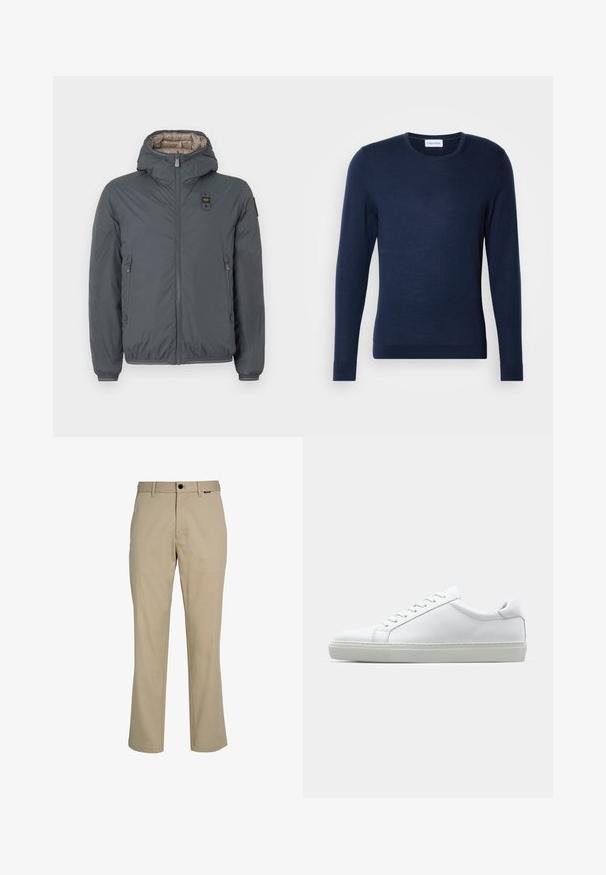 Tmavošedá prešívaná bunda s kapucňou, predným zipsom, zipsami na bočných vreckách a malou logo nášivkou na hrudi a na ľavom rukáve.; Námořnický modrý svetr s dlouhým rukávem vyrobený z jemného pleteného materiálu. Má kulatý výstřih a vroubkované manžety na rukávech a lemu. Na svetru je vyobrazeno logo Calvin Klein.; Béžové nohavice s rovnými nohavicami vyrobené z bavlnenej zmesi. Majú plochý predok, pútka na opasok, zapínanie na gombík a šikmé vrecká.; Biele tenisky s hladkým koženým zvrškom a nízkym profilom. Majú zaoblenú špičku, šesť očiek a štruktúrovanú gumovú podrážku.