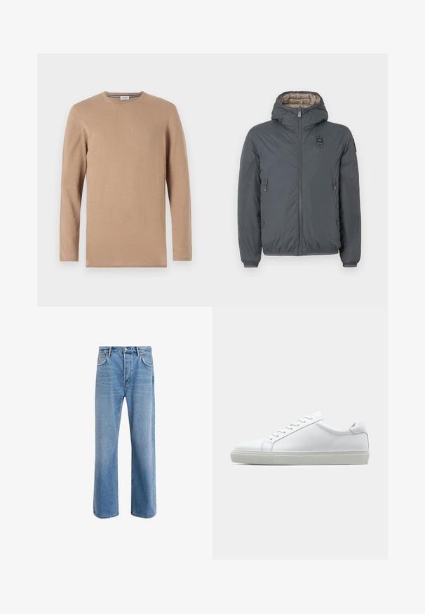 Sötétszürke kapucnis puffermellény elülső cipzárral, cipzáras oldalzsebekkel, valamint egy kis logópatch-el a mellkason és a bal ujján.; Hosszú ujjú, kerek nyakú ing homokszínben, puha anyagból készült. Simaságával és diszkrét bordázott részleteivel büszkélkedik a nyakkivágásnál.; Világoskék farmernadrág, egyenes szárú fazonnal, öt zsebbel, gombos záródással, minimális kopással és kontrasztos varrással.; Fehér sportcipő sima bőr felső résszel és alacsony profilsal. Kerek orr, hat fűzőlyuk és barázdált gumitalp jellemzi.