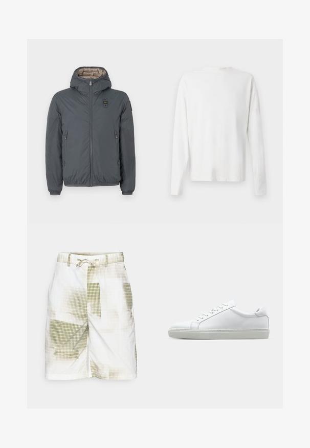 Tmavě šedá péřová bunda s kapucí, předním zipem, zipovými bočními kapsami a malou nášivkou s logem na hrudi a levém rukávu.; Bílá bavlněná košile s dlouhým rukávem a kulatým výstřihem, s bočními rozparky na spodní části a hladkým povrchem, vystavená zezadu.; Pánské šortky z lehkého materiálu s bílým podkladem a mřížkovaným vzorem v zelených odstínech. Obsahují stahovací pás se šňůrkou.; Bílé tenisky s hladkým koženým svrškem a nízkým profilem. Mají zaoblenou špičku, šest nýtů a texturovanou gumovou podrážku.