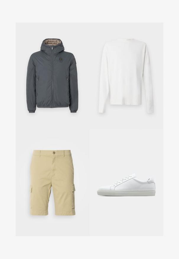 Mørkegrå hættetrøje-pufferjakke med frontlynlås, lynlåslommer i siderne og et lille logo-patch på brystet og venstre ærme.; Langærmet hvid bomulds skjorte med rund halsudskæring, sideslids i bunden og en glat overflade, vist bagfra.; Khaki cargo shorts lavet af bomuld med en glat tekstur, der har sidelommer og en knaplukning i taljen.; Hvide sneakers med en glat læderoverdel og lav profil. Har en rund tå, seks snørehuller og en tekstureret gummisål.