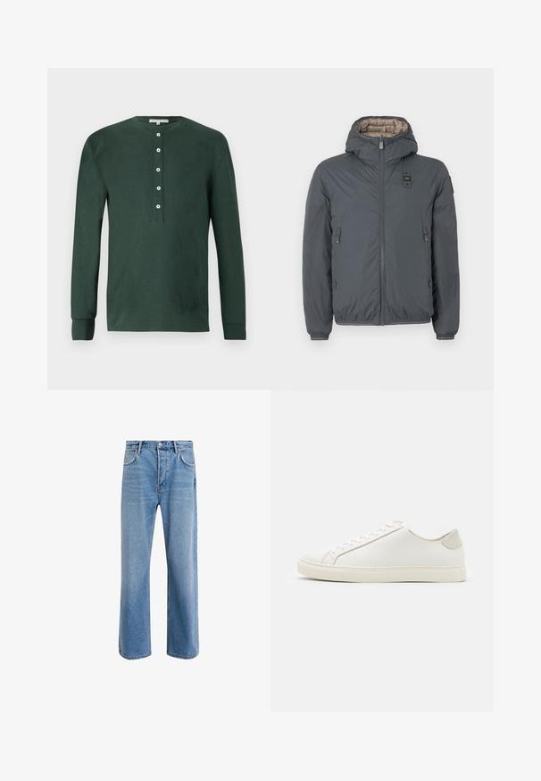 Sötétszürke kapucnis puffermellény elülső cipzárral, cipzáras oldalzsebekkel, valamint egy kis logópatch-el a mellkason és a bal ujján.; Sötétzöld, hosszú ujjú henley póló, pamutból készült, kerek nyakkivágással, öt fehér gombbal és bordázott mandzsettával. Simább textúra.; Világoskék farmernadrág, egyenes szárú fazonnal, öt zsebbel, gombos záródással, minimális kopással és kontrasztos varrással.; Fehér bőr sneaker sima felülettel, kerek orral és minimalista dizájnnal. Bézs kiemelésekkel a sarokon és gumitalppal rendelkezik.