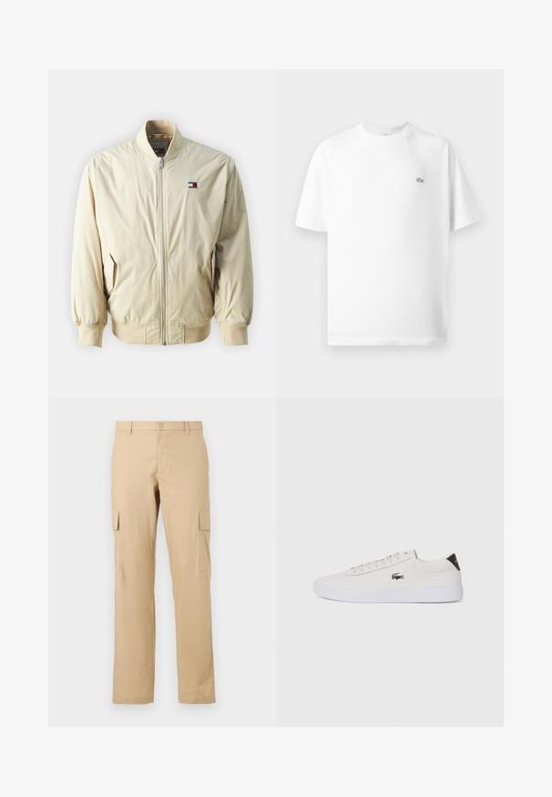 Kergelt beež bomber-jakk, millel on tõmblukuga sulgemine, soonikkoes varrukate ja allosa servad. Esiküljel on väike logotähis punases, valges ja sinises värvitoonis.; Valge puuvillane T-särk ümmarguse kaeluse ja lühikeste varrukatega. Vasakul rinna küljes on väike must Lacoste'i logo.; Beežid cargo püksid, mis on valmistatud puuvillast, sirge lõikega, küljetaskute ja nup closures'iga vöökoht. Sile tekstuur, ilma mustriteta.; Valge nahast tenniseking ümara ninaga, lukkude ja musta kontsa aktsendiga. Külgedel on väike broderi krokodilli logo.