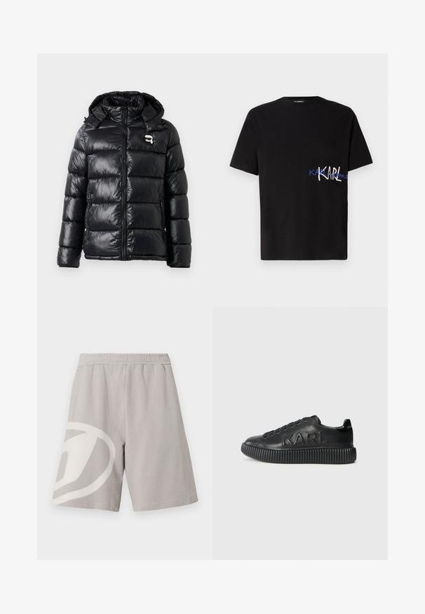 Svart dunjakke med blank finish, hette, glidelås og elastiske mansjetter. Merkbare detaljer inkluderer et lite logo-patch på brystet.; Svart bomull t-skjorte med korte ermer, med grafisk design som har "KARL" i hvitt og blått på venstre side. Rund hals.; Lysegrå, uformelle shorts med elastisk midjebånd og stort hvitt abstrakt mønster på venstre ben, vist mot hvit bakgrunn.; Sorte sneakers laget av glatt lær, med en tykk ribbet såle og preget merkevarenavn. Klassisk snøredesign med runde snørehull.