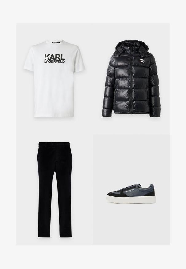 Svart pufferjacka med en blanka yta, huva, dragkedjestängning och elastiska muddar. Utmärkande funktioner inkluderar en liten logopatch på bröstet.; Vit bomull T-shirt med en stor svart "KARL LAGERFELD" logotyp som är tryckt på framsidan, rund halsringning och korta ärmar. Enkelt design.; Svarta byxor med en jämn textur, rak skärning och klassisk midja. Inga synliga fickor eller dekorationer.; Svart och marinblå sneaker gjord av läder och mocka, med en tjock vit mellansula, rund tå och texturerade detaljer. Snören i matchande färg.