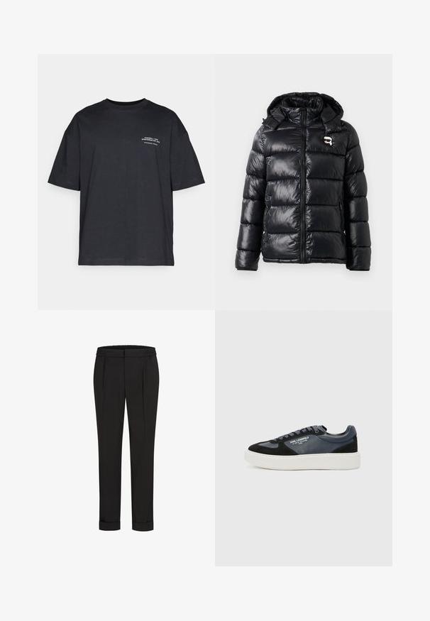 Zwarte pufferjack met een glanzende afwerking, capuchon, ritsluiting en elastische manchetten. Opvallende kenmerken zijn een klein logopatch op de borst.; Zwarte katoenen t-shirt met korte mouwen, ronde halslijn en witte tekstdetails aan de linkerkant. Ontspannen pasvorm, effen textuur en zonder patronen.; Zwarte broek met een elastische tailleband, met een rechtvallend ontwerp en opgerolde manchetten. Gemaakt van glad, geweven stof zonder patronen.; Zwarte en marineblauwe sneaker van leer en suède, met een dikke witte tussenzool, ronde neus en textuuraccenten. Veters in bijpassende kleur.