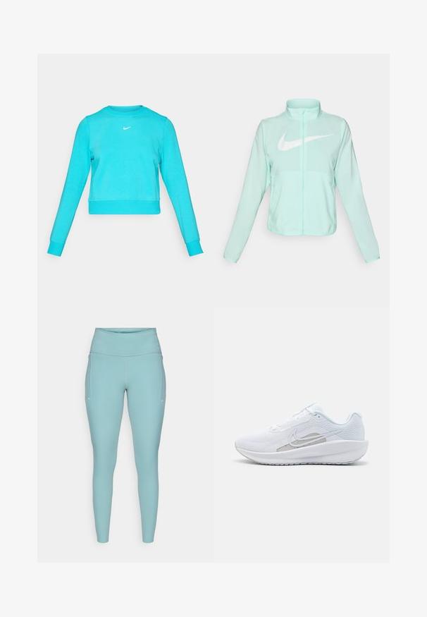 Giacca Nike verde menta con colletto alto, zipper completa, maniche lunghe e un grande logo swoosh bianco sul petto. Tessuto leggero.; Felpa corta turchese con maniche lunghe, colletto rotondo e un piccolo logo Nike bianco sul petto. Tessuto morbido e testurizzato.; Leggings azzurri chiari realizzati in materiale elasticizzato, caratterizzati da un'alta vita, design senza cuciture e minimi accenti bianchi sui lati.; Scarpa sportiva bianca con tomaia in rete, punta arrotondata e suola testurizzata. Presenta il logo Nike in argento e un design minimalista.