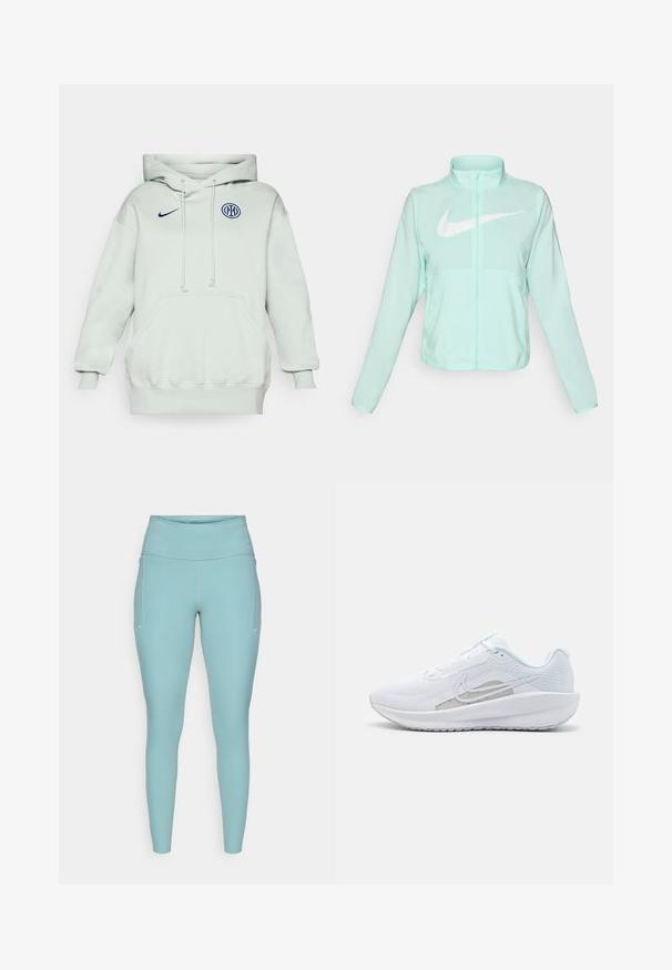 Jaka mint zelene barve Nike z visokim ovratnikom, polnim zadrgo, dolgimi rokavi in izrazitim belim logotipom swoosh na prsih. Lahka tkanina.; Svetlozeleni dukserica s velikim prednjim džepom, vezicom i rebrastim manžetama. Sadrži plavi Nike logo i okrugli plavi simbol na grudima.; Svetlo modre leginge iz raztegljivega materiala, ki imajo visok pas, brezšivno zasnovo in minimalne bele poudarke na straneh.; Bela športna čevlja z mrežastim zgornjim delom, zaobljenim nosom in teksturiranim podplatom. Ima srebrni Nike znak in minimalističen dizajn.