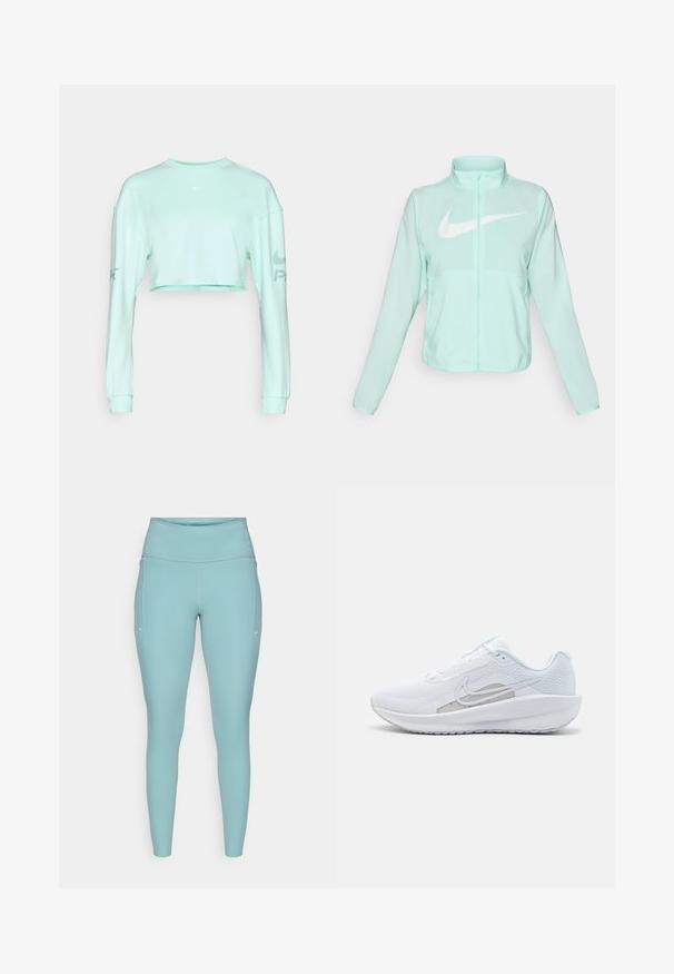 Mentazöld Nike dzseki magas gallérral, teljes cipzárral, hosszú ujjakra és egy kiemelkedő fehér swoosh logóra a mellkason. Könnyű szövet.; Mentazöld, rövidített pulóver hosszú ujjakkal, kerek nyakkivágással és kis fehér Nike logóval a mellkasán és az ujján.; Világoskék leggings rugalmas anyagból, magas derékkal, varrás nélküli kivitelben, minimális fehér díszítéssel az oldalán.; Fehér sportcipő hálós felsőrésze, kerek orra és textúrált talpa van. Ezüst Nike logóval és minimalista dizájnnal rendelkezik.