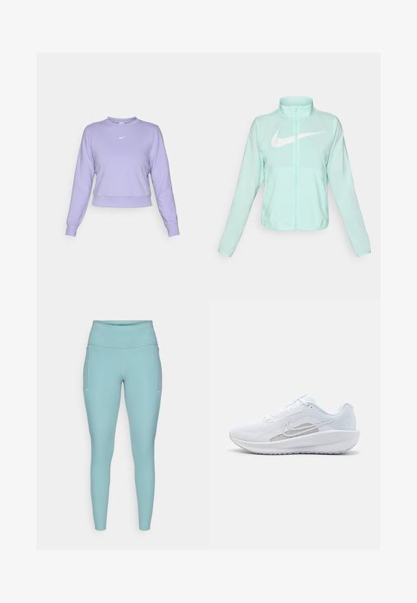 Miętowo-zielona kurtka Nike z wysokim kołnierzem, pełnym zamkiem błyskawicznym, długimi rękawami i wyraźnym białym logo swoosh na piersi. Lekki materiał.; Fioletowy skrócony sweatshirt wykonany z miękkiego materiału, z okrągłym dekoltem, ściągaczami oraz małym białym logo Nike na piersi.; Jasnoniebieskie legginsy wykonane z elastycznego materiału, z wysokim pasem, bezszwowym wzornictwem i minimalnymi białymi akcentami po bokach.; Białe sportowe buty z siateczkową cholewką, zaokrąglonym noskiem i teksturowaną podeszwą. Posiadają srebrny logo Nike i minimalistyczny design.
